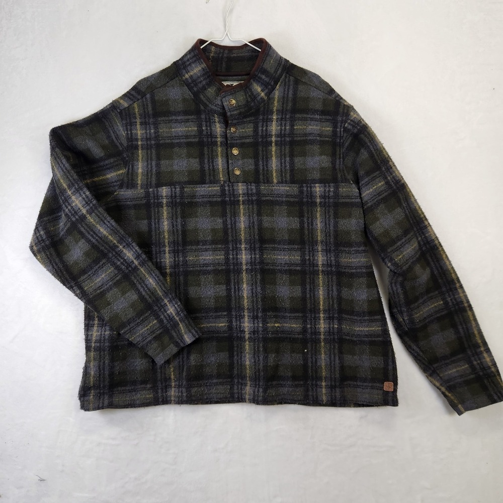 John Wayne Plaid Fleece 1/4 Button Up Shirt‎ Jacket Mens 2XL Green Brown Yellow